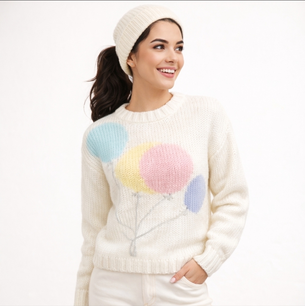 Vtg. Pastel Chunky Sweater Pink/Mint Balloons  White Crewneck Cottagecore Sz S